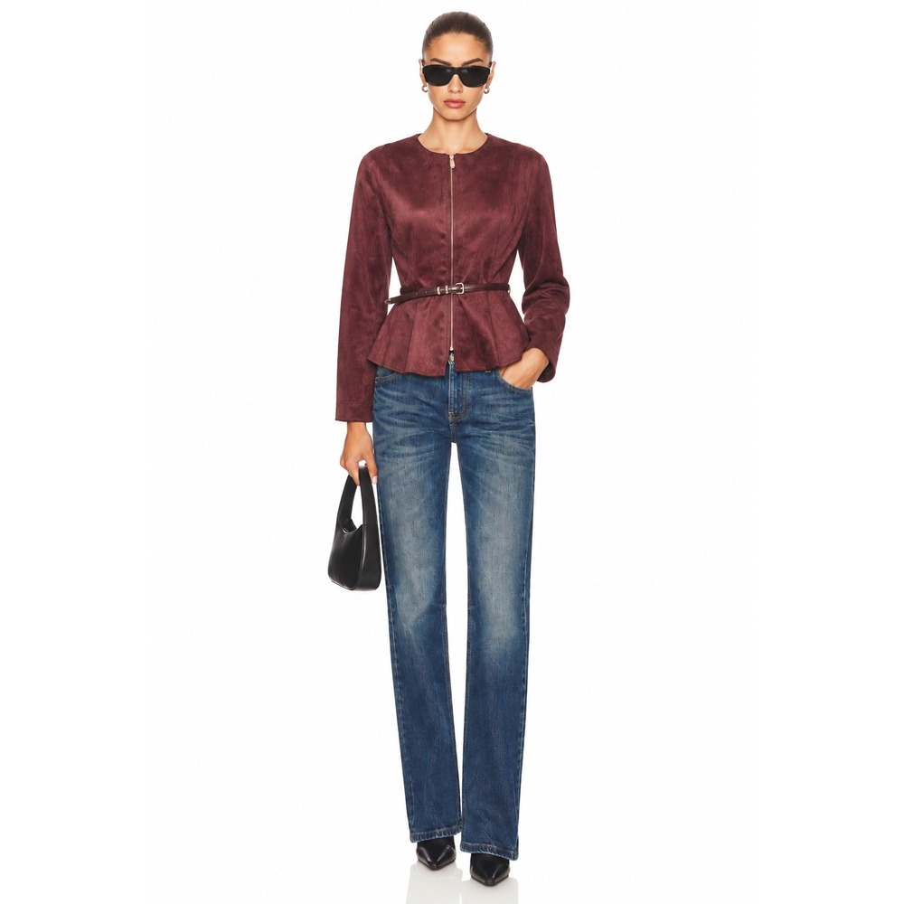 Zara Faux Suede Belted Peplum Fitted Jacket Burgundy Brown XL Zipper Collarless